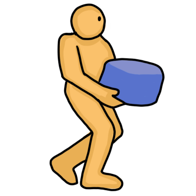  a yellow figure walking holding a blue squareish object